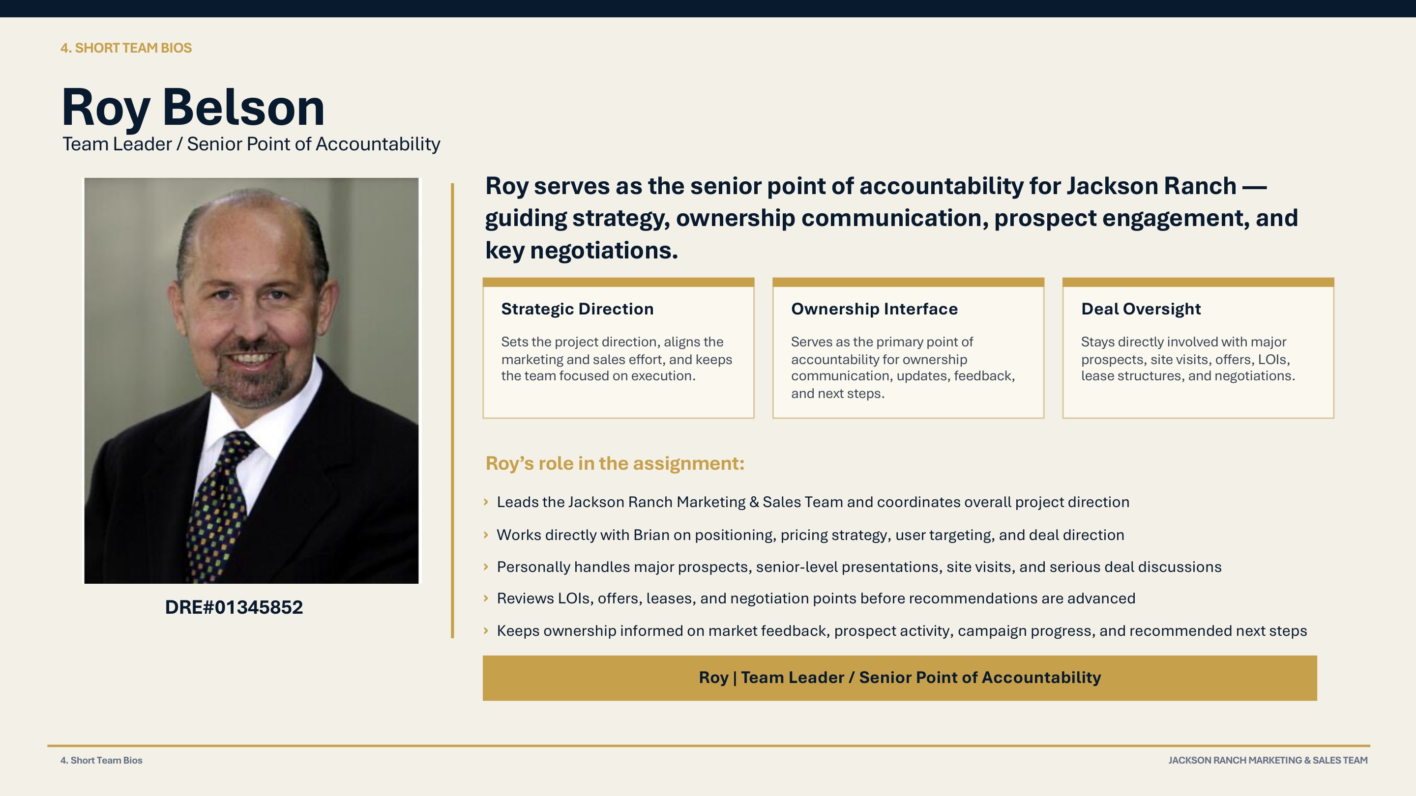Roy Belson — Team Leader / Senior Point of Accountability. Roy serves as the senior point of accountability for Jackson Ranch, guiding strategy, ownership communication, prospect engagement, and key negotiations. DRE#01345852.
