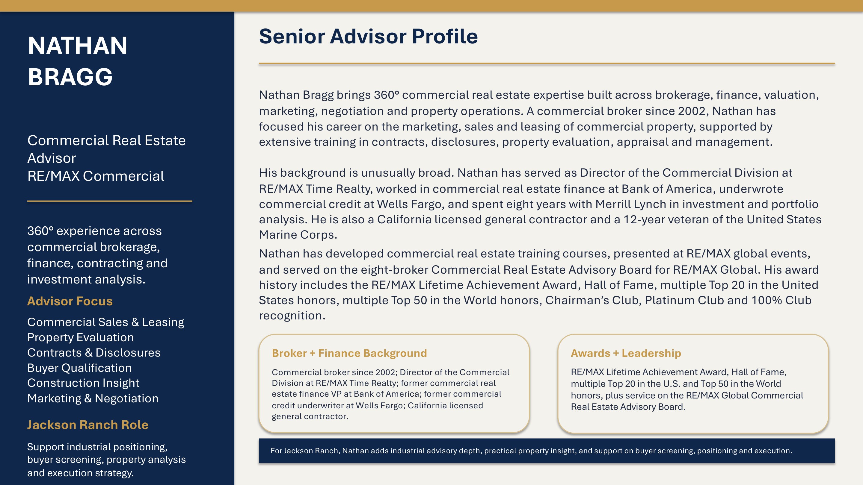 Nathan Bragg — Senior Advisor Profile. Commercial Real Estate Advisor, RE/MAX Commercial. 360-degree experience across commercial brokerage, finance, contracting and investment analysis. RE/MAX Lifetime Achievement Award, Hall of Fame.